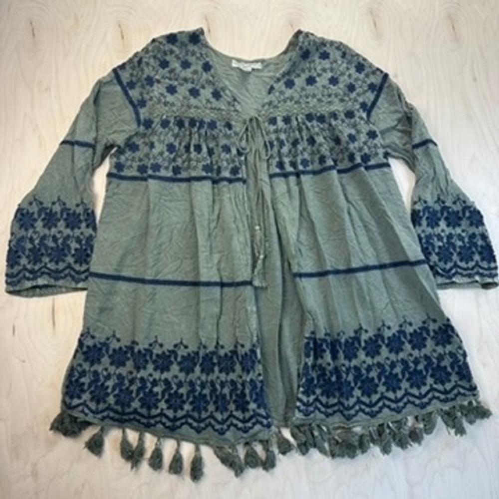 Indigo Thread Co Women's Medium Green & Blue Embroidered Tassel Tie Front Top
